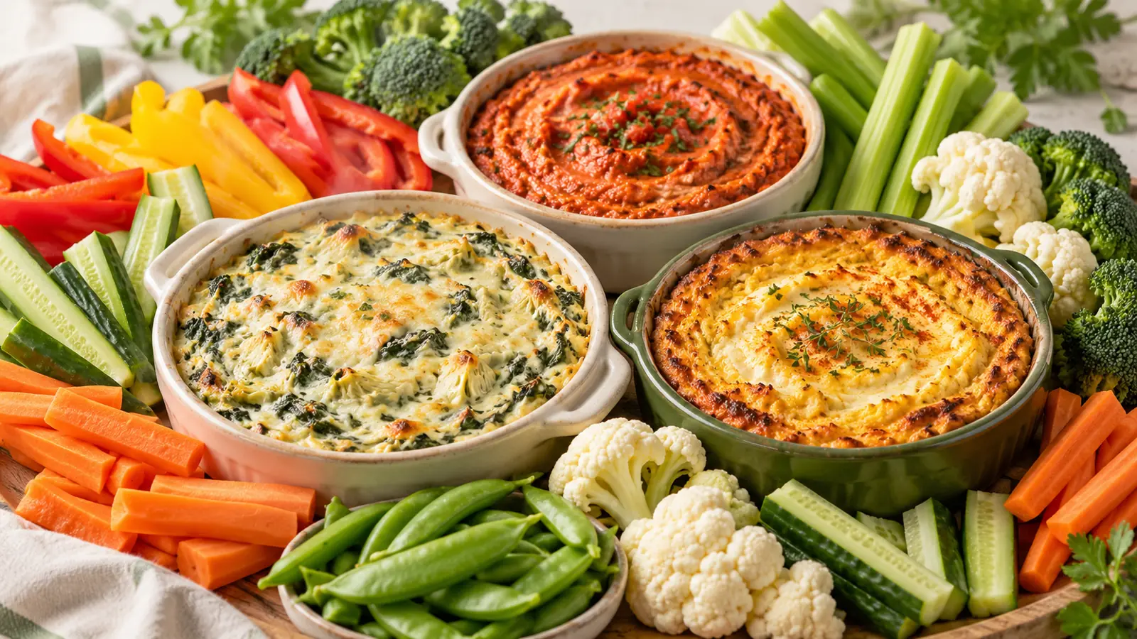 Hot vegetable dips served warm with fresh carrots, cucumber, celery, broccoli and cauliflower