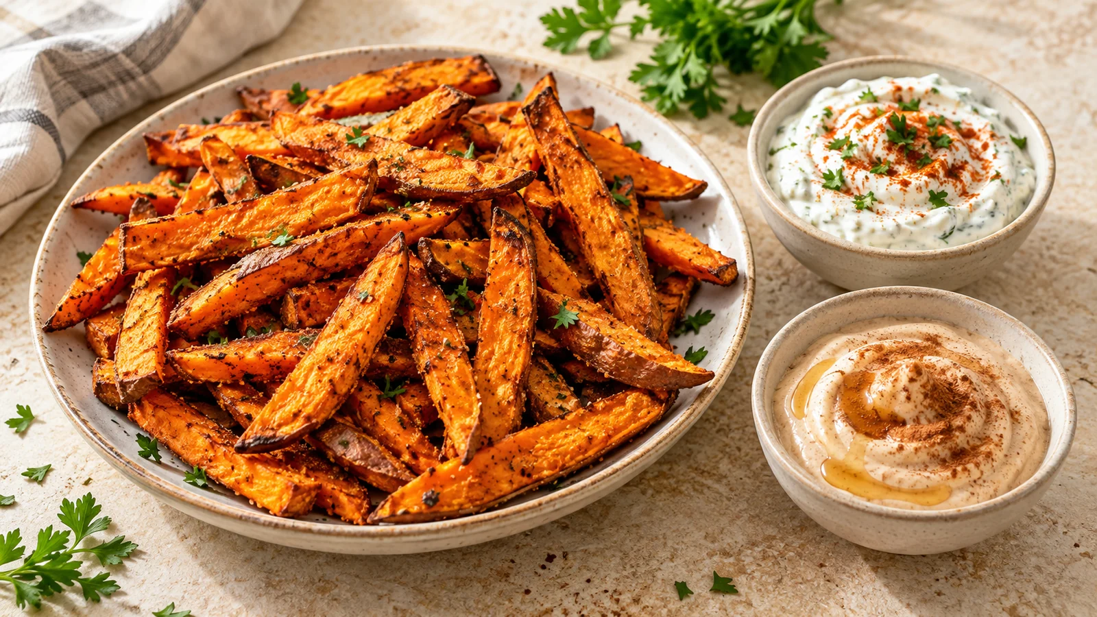 Sweet potato fries with smoky Greek yogurt dip and maple cinnamon dip