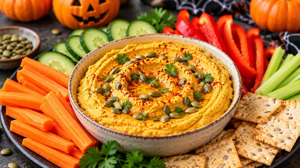 Savory pumpkin hummus topped with pumpkin seeds and herbs, served with carrots, cucumbers, celery and crackers for a Halloween party.