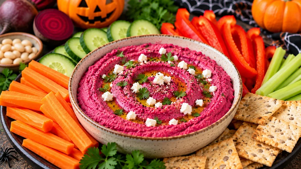 Beet and white bean dip in a ceramic bowl with olive oil and herbs, served with carrots, cucumber, celery, red peppers and crackers for Halloween.