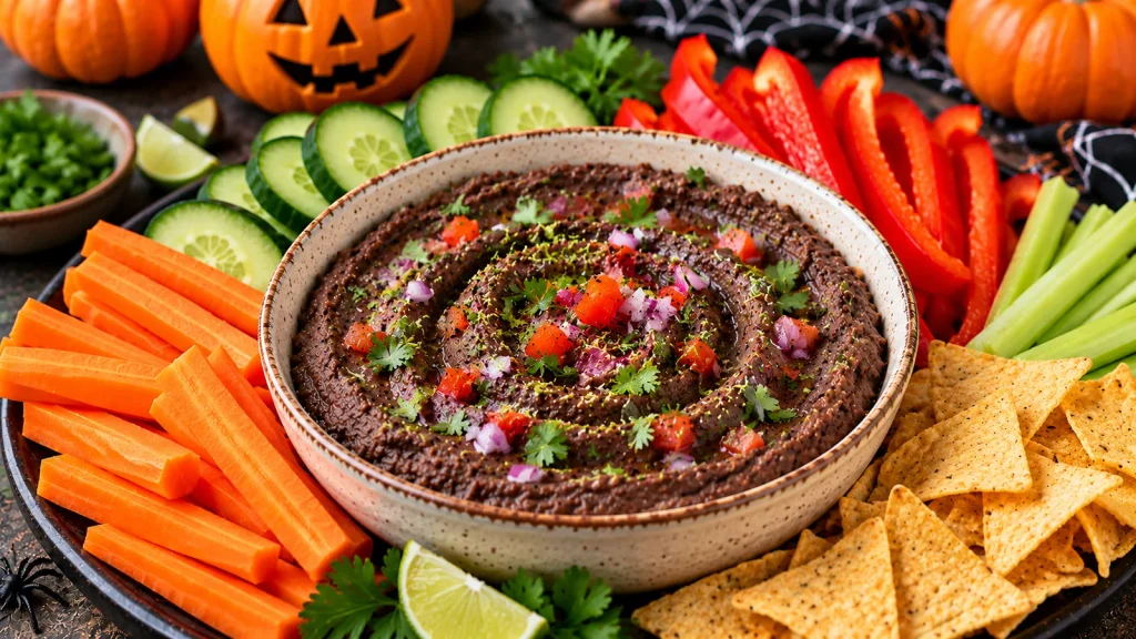 Halloween black bean and lime dip topped with cilantro and diced vegetables, served with tortilla chips, carrots, cucumbers and bell peppers.