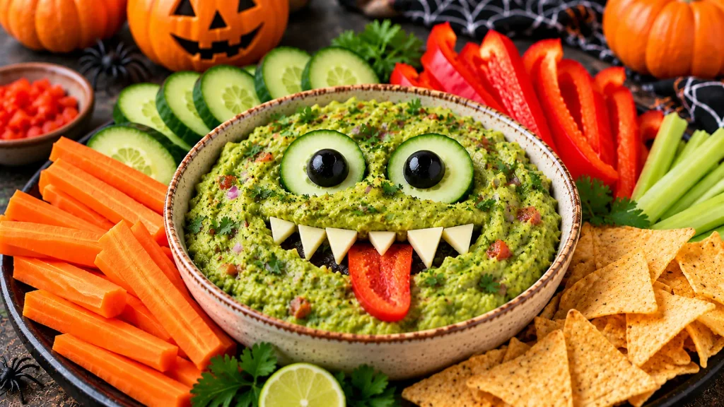 Halloween guacamole monster bowl decorated with olive eyes and vegetable pieces, served with carrots, cucumbers, celery and tortilla chips.