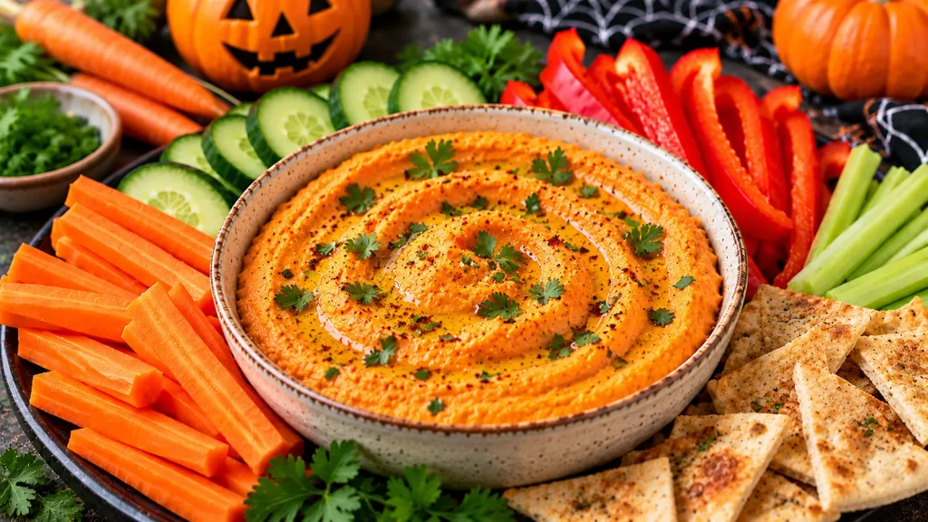 Roasted carrot yogurt dip in a ceramic bowl, served with fresh carrots, cucumber, celery, red bell peppers and crackers for a Halloween party.