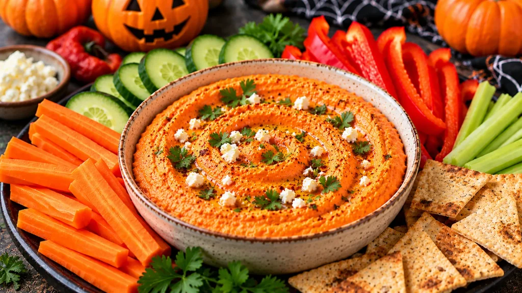 Whipped feta and roasted red pepper dip in a ceramic bowl, garnished with feta and herbs, served with fresh vegetables and crackers for Halloween.