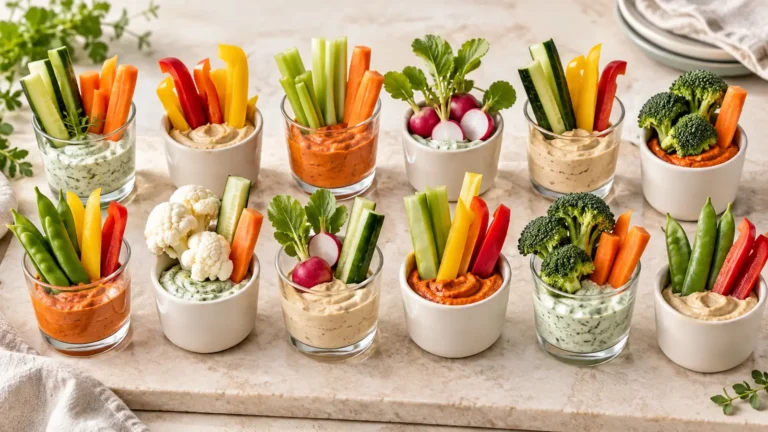 Individual vegetable appetizers with dip, filled with colorful creamy dips on a party platter