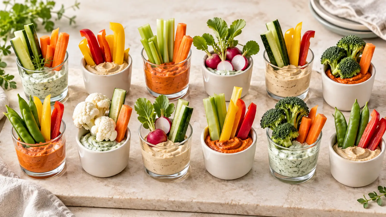 Individual vegetable appetizers with dip, filled with colorful creamy dips on a party platter