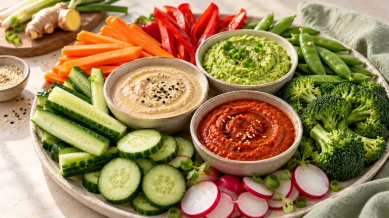 Asian inspired vegetable dips with sesame, miso and ginger served with fresh vegetables