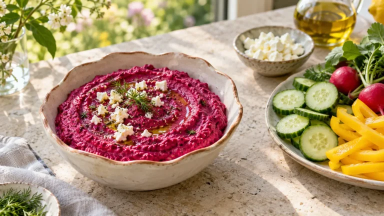 Creamy beet and feta dip served with fresh vegetables