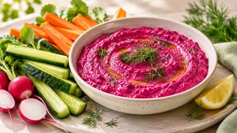 Beet yogurt dip with dill, cucumber sticks, carrots and radishes