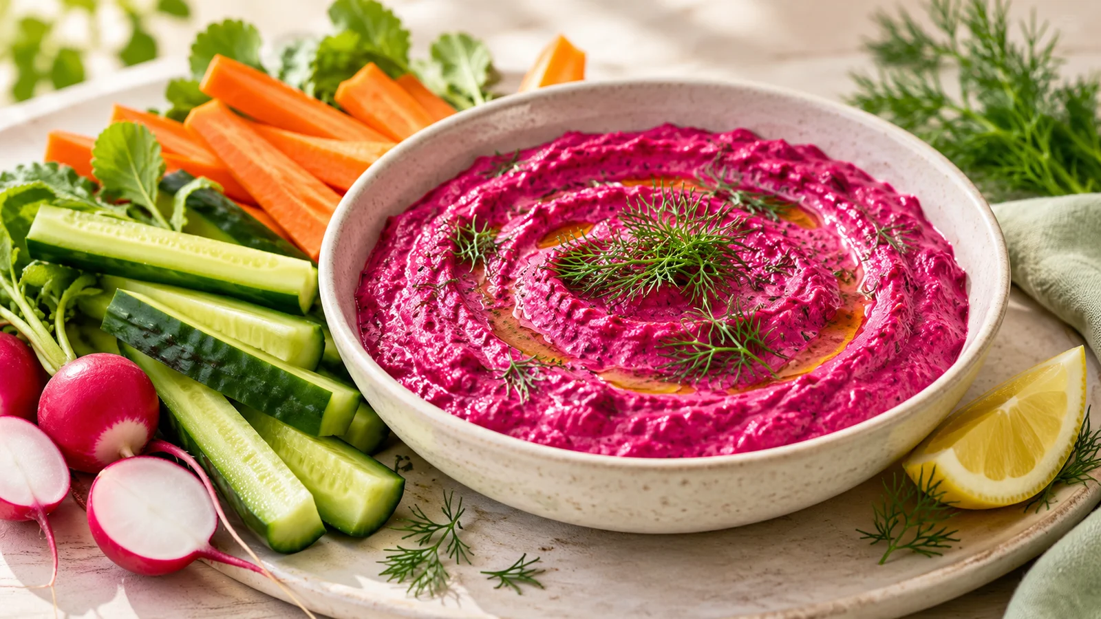 Beet yogurt dip with dill, cucumber sticks, carrots and radishes