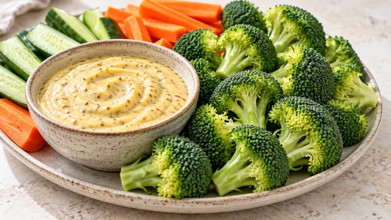 Best dip for raw broccoli: thick honey-mustard yogurt dip served beside fresh broccoli florets.