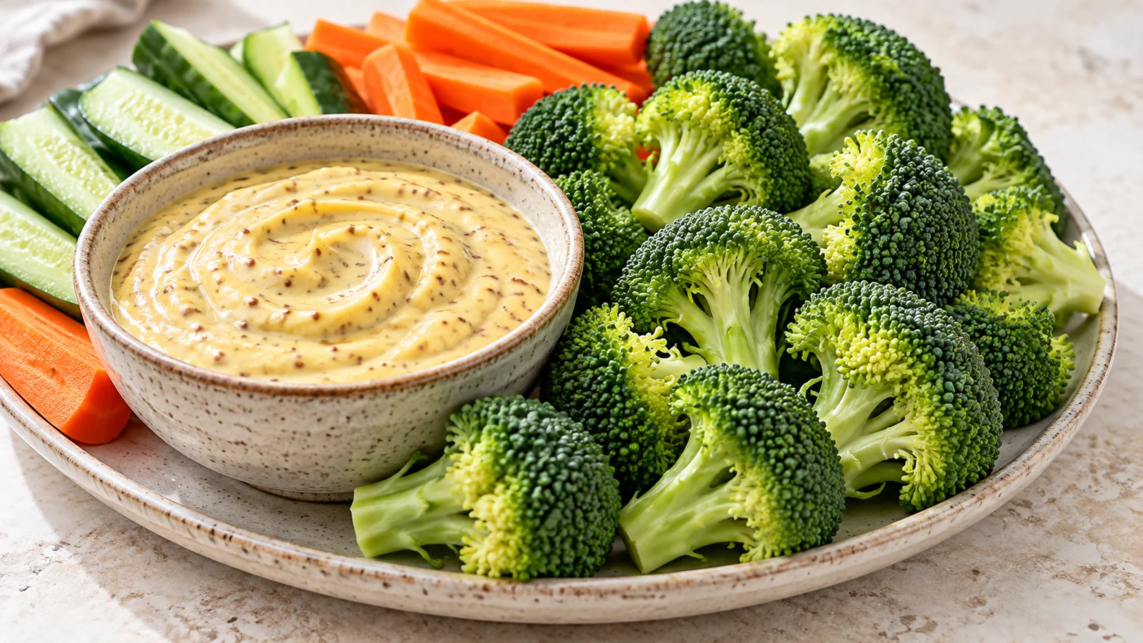Best dip for raw broccoli: thick honey-mustard yogurt dip served beside fresh broccoli florets.
