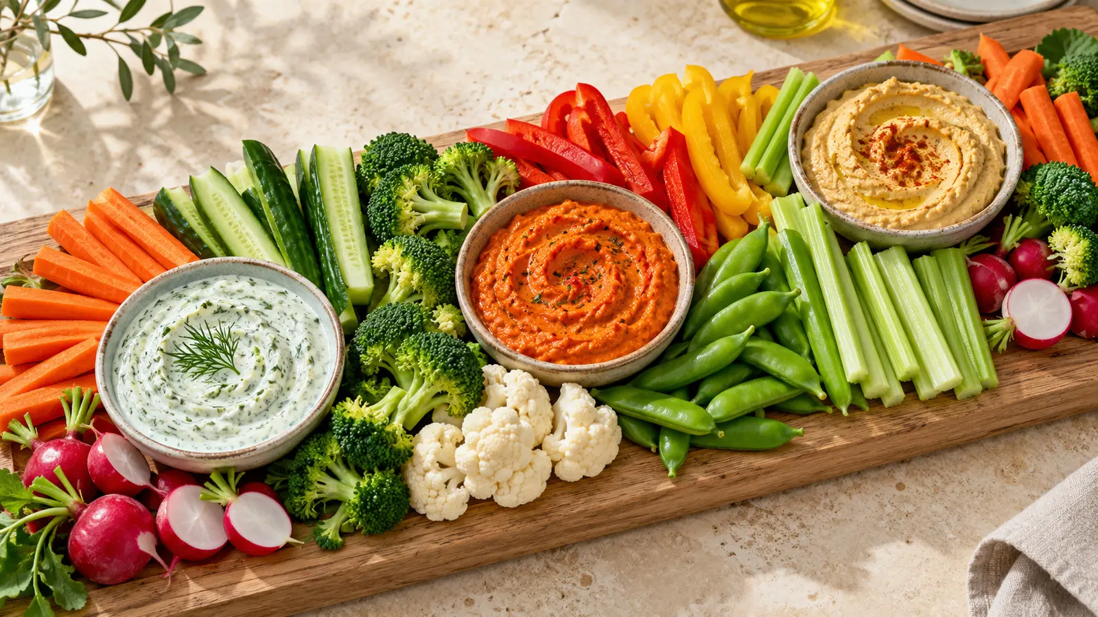 Best Dips for a Vegetable Tray served with colorful fresh vegetables
