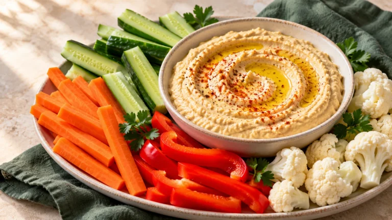 Classic hummus for veggies served in a ceramic bowl with carrots, cucumber, bell peppers and cauliflower.