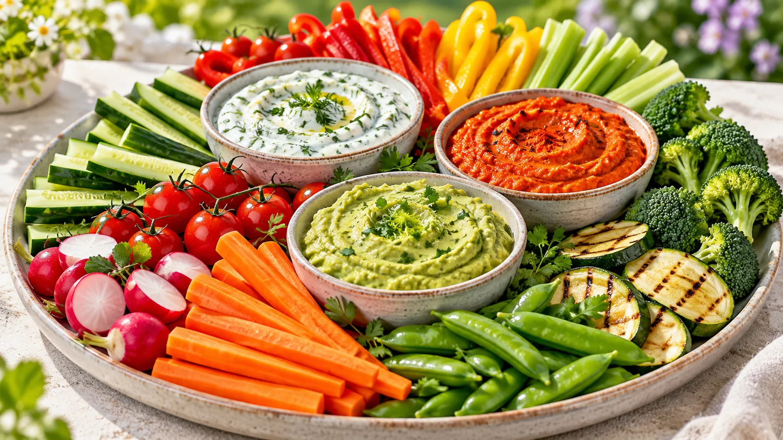 Dips for a cookout with summer vegetables, herb yogurt dip, roasted red pepper dip and avocado lime dip