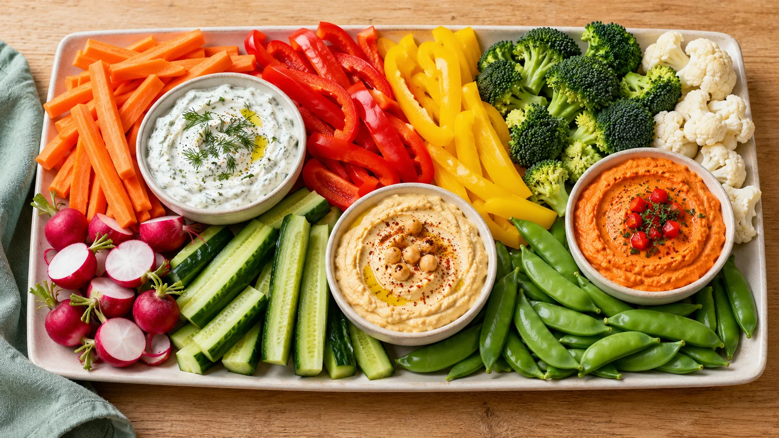 Creative veggie tray ideas with colorful vegetables and three small bowls of dip
