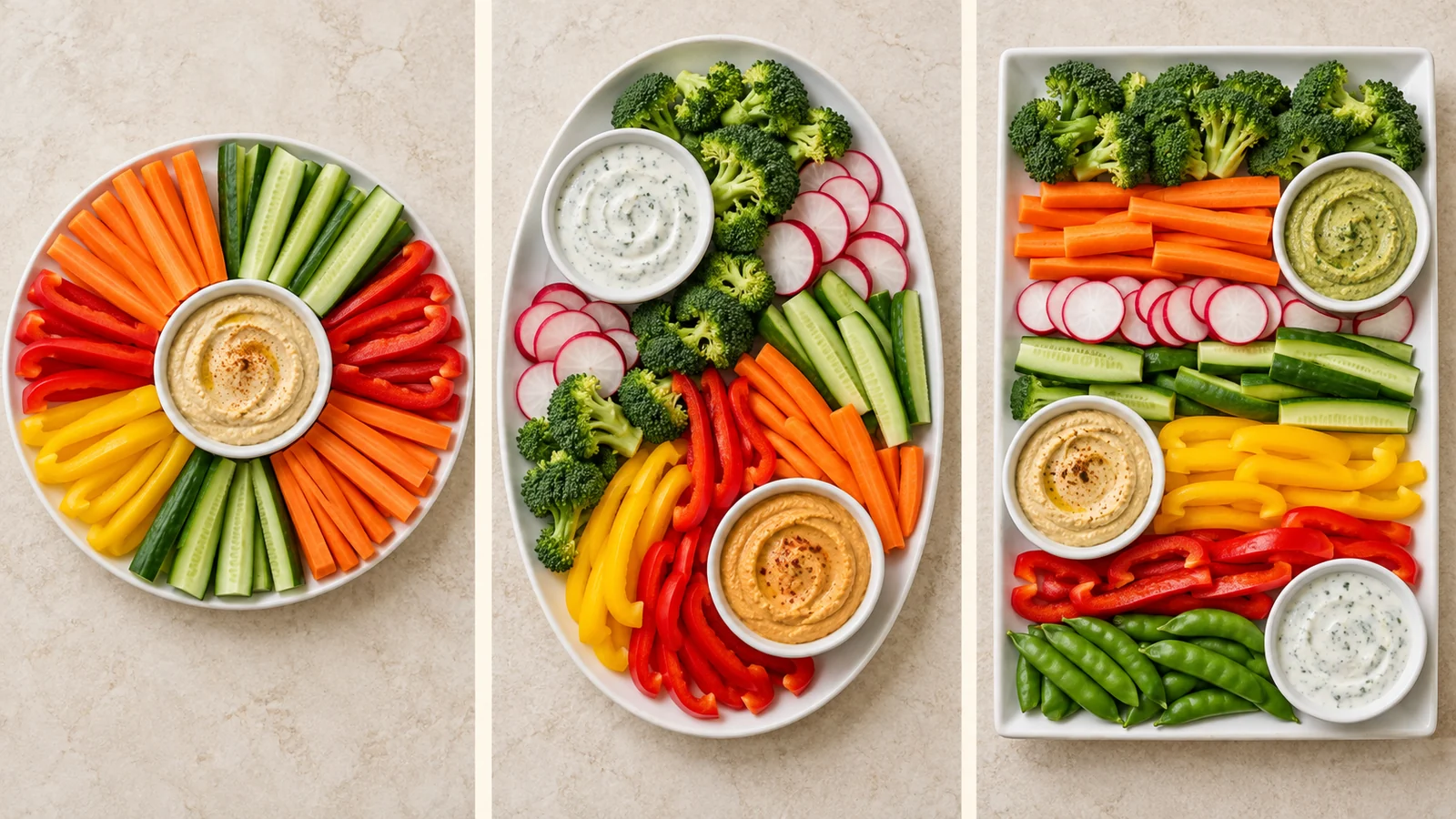 Creative veggie tray ideas showing round, oval and rectangular vegetable arrangements
