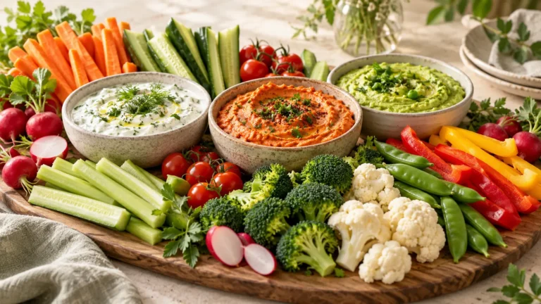 Dips for a crowd served with a colorful platter of fresh vegetables