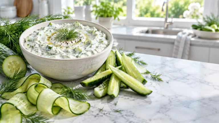 Creamy cucumber dill dip with cream cheese and fresh vegetables