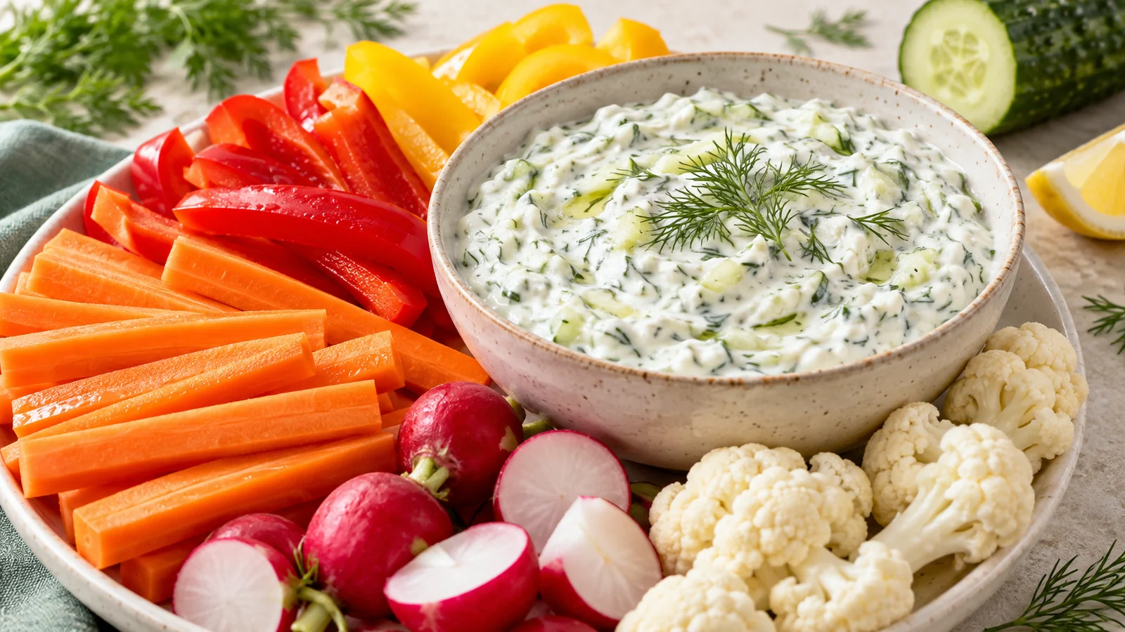 Cucumber yogurt dip with fresh dill, carrot sticks, bell peppers, cauliflower and radishes