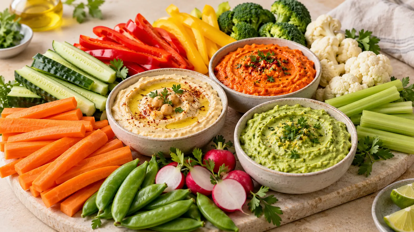 12 Easy Dairy-Free Vegetable Dips for Veggies, Snacks & Parties served with colorful fresh vegetables