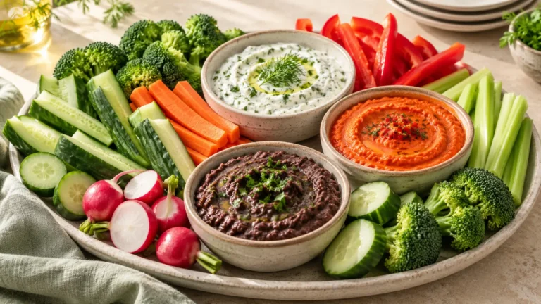 8 Diabetes Friendly Vegetable Dip Ideas for Veggies & Snacks served with colorful fresh vegetables