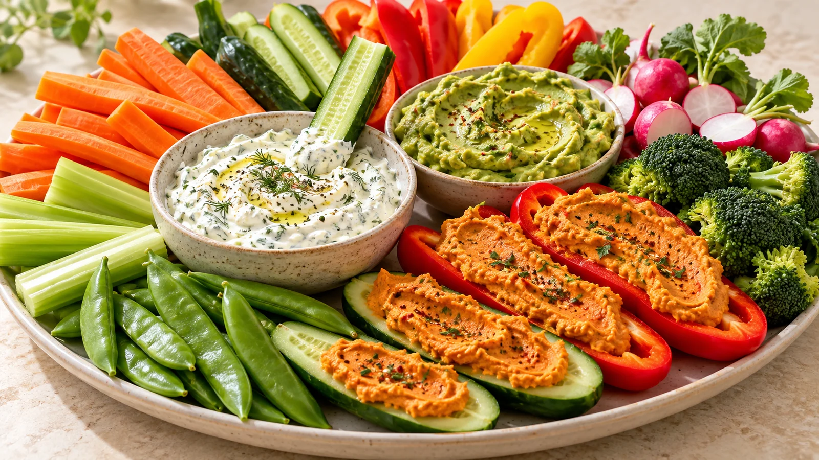 Dip vs spread shown with herb dip for vegetables and thick roasted pepper spread on cucumber and bell peppers