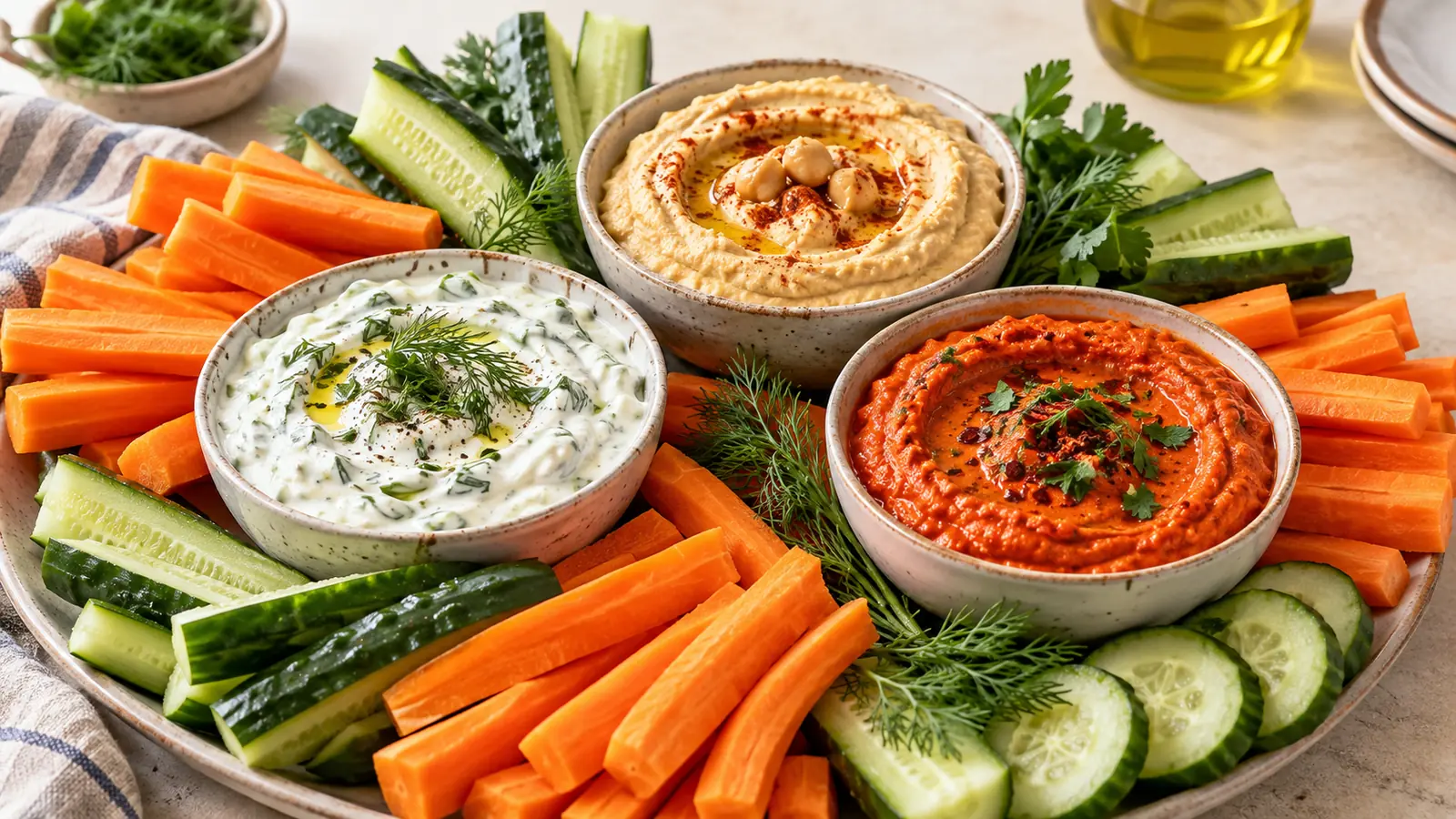 Carrots and cucumbers served with Greek yogurt herb dip, hummus and roasted red pepper dip