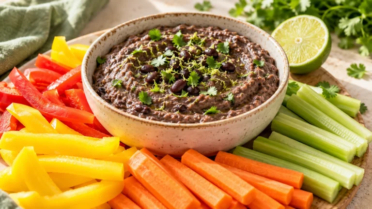 Easy black bean dip with lime served with bell pepper, carrot and celery sticks
