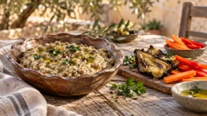 Creamy eggplant dip without tahini served with fresh vegetables