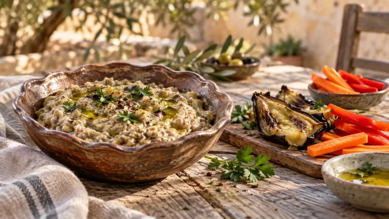 Creamy eggplant dip without tahini served with fresh vegetables