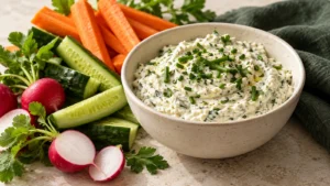 Firm tofu dip with chives and parsley, served with carrot sticks, cucumber spears and radishes.