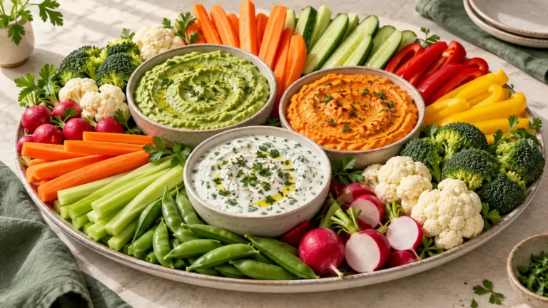 Game day vegetable dips with a colorful platter of fresh vegetables