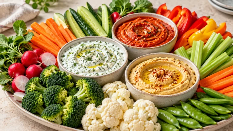 12 Easy Gluten-Free Vegetable Dips for Veggies & Parties served with colorful fresh vegetables