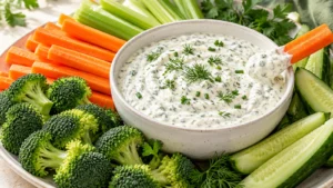 Greek yogurt ranch dip with dill served with carrots, celery, broccoli and cucumber