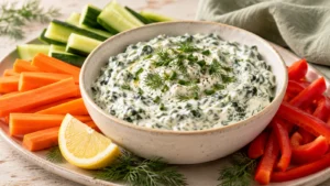 Greek yogurt spinach dip with carrots, cucumber and red bell pepper