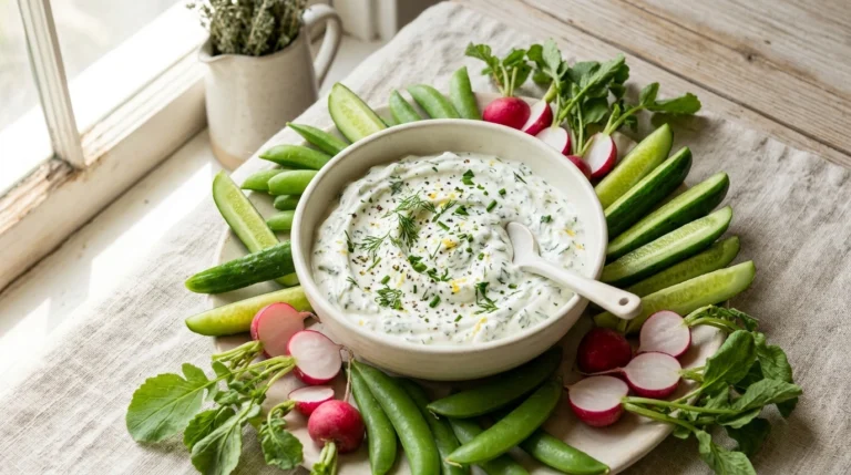 Greek yogurt veggie dip with fresh dill, chives and vegetables