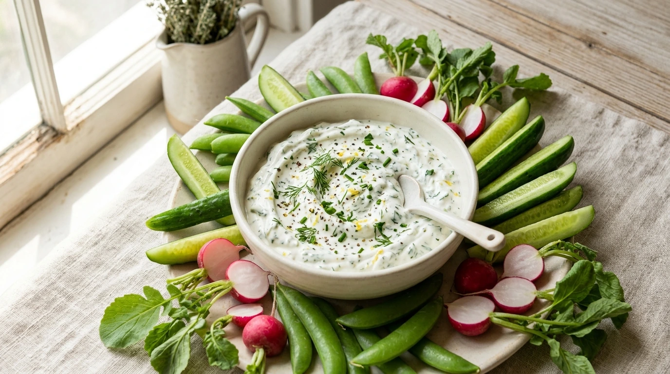Greek yogurt veggie dip with fresh dill, chives and vegetables