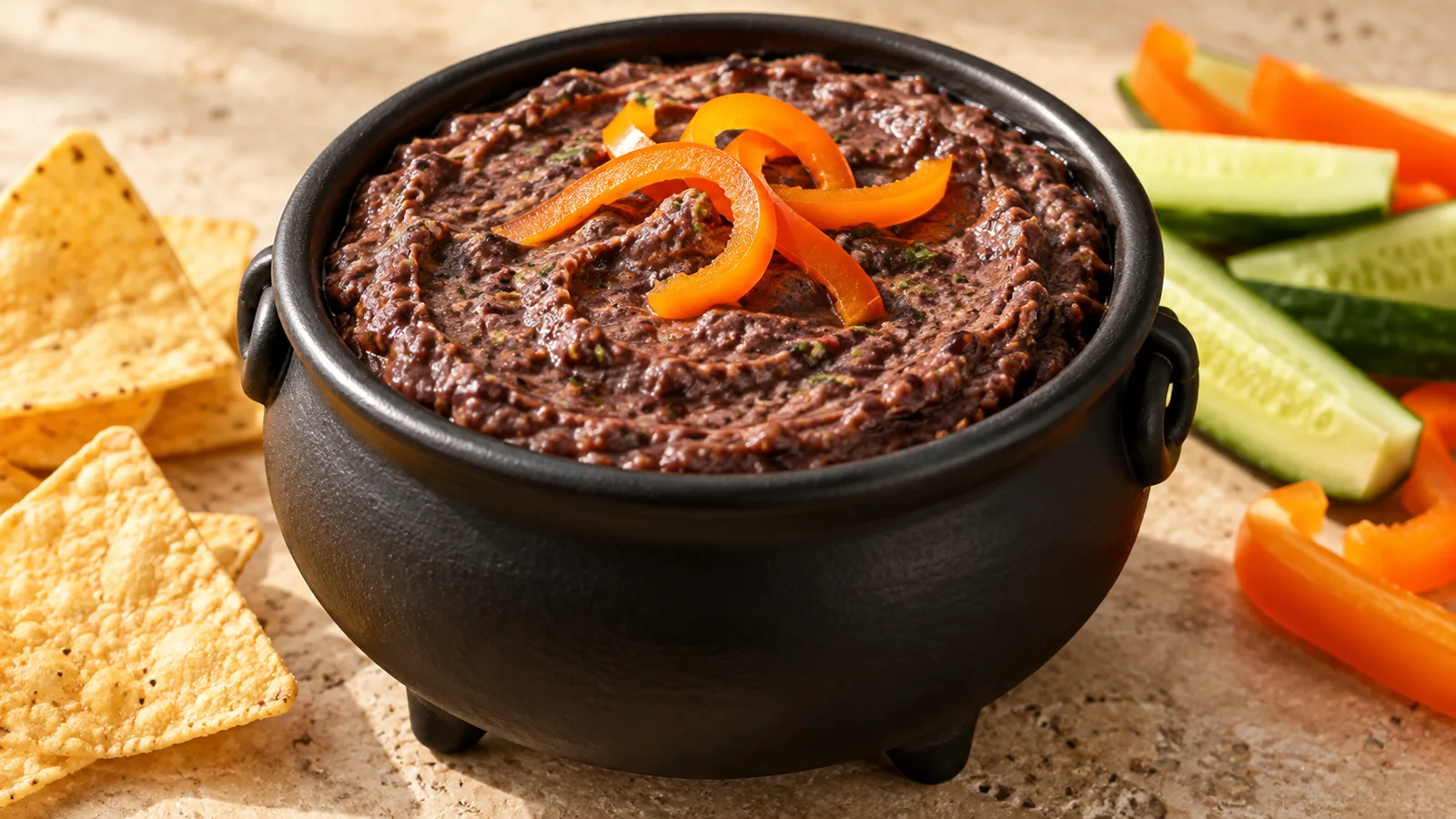 Halloween black bean dip in a small dark cauldron-style bowl with orange pepper garnish, tortilla chips and fresh vegetables