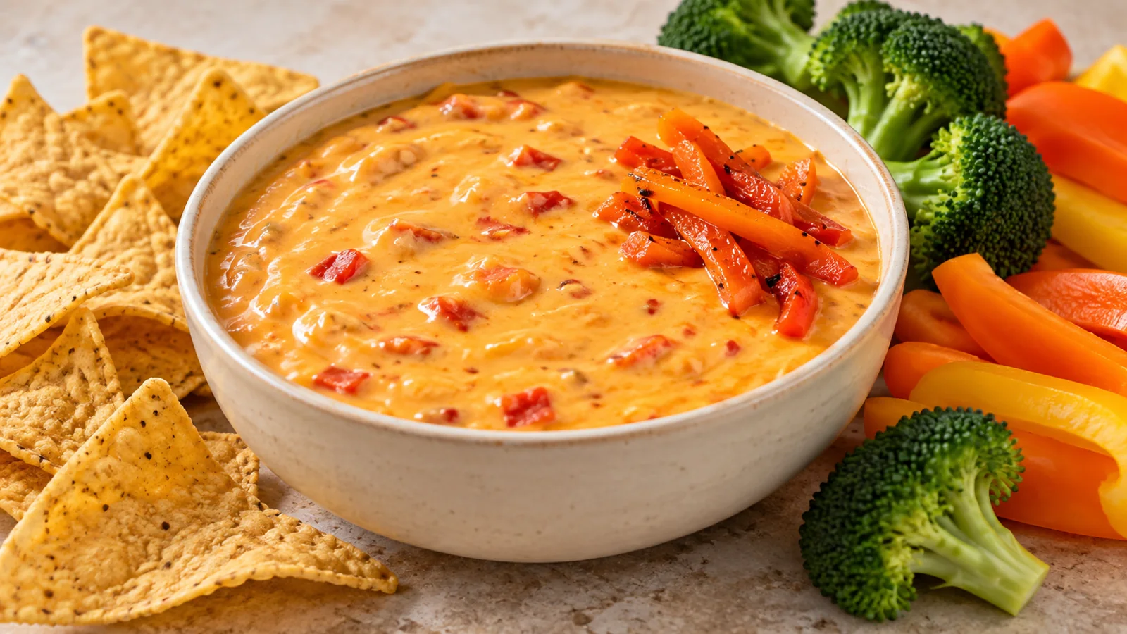Warm Halloween cheese dip with roasted peppers in a cream bowl, served with orange bell peppers, broccoli and tortilla chips
