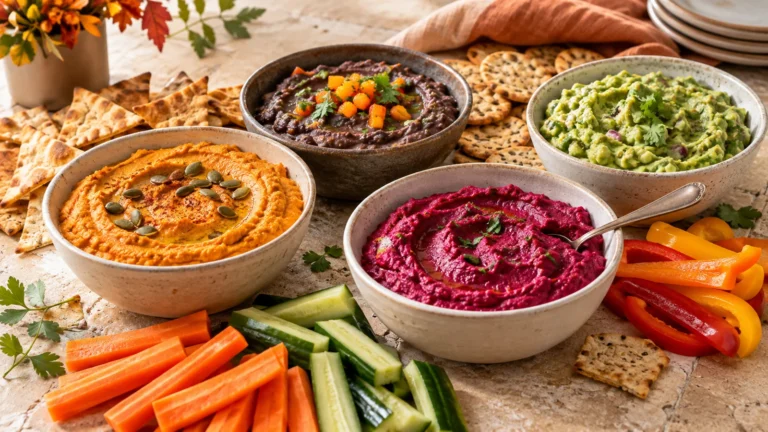Halloween dips in orange, green, purple and creamy white bowls with vegetables and crackers for a party