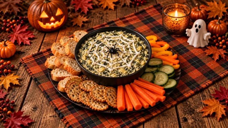 Halloween spinach dip with a Greek yogurt spider web and black olive spider served with fresh vegetables