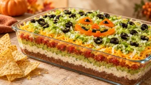 Halloween taco dip with seven visible layers and an orange pepper jack-o'-lantern face served with tortilla chips