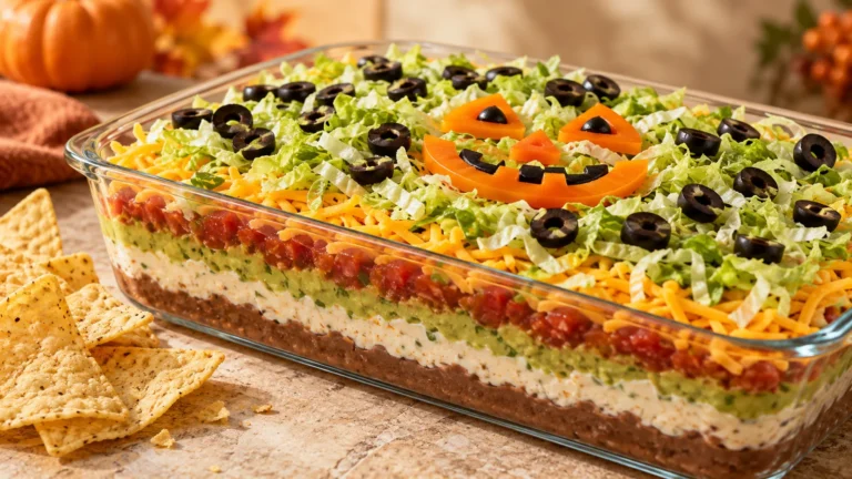 Halloween taco dip with seven visible layers and an orange pepper jack-o'-lantern face served with tortilla chips