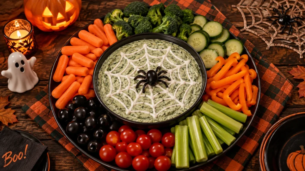 Halloween veggie tray with spider web dip, carrots, cucumbers, broccoli, peppers and olives