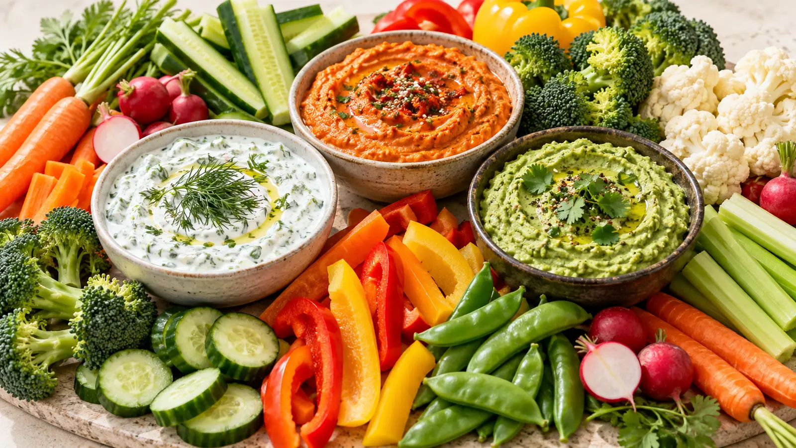 15 Healthy Vegetable Dips for Snacking, Veggie Trays & Parties served with colorful fresh vegetables
