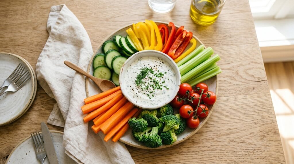 Plateau de crudités colorées avec une sauce crémeuse aux herbes