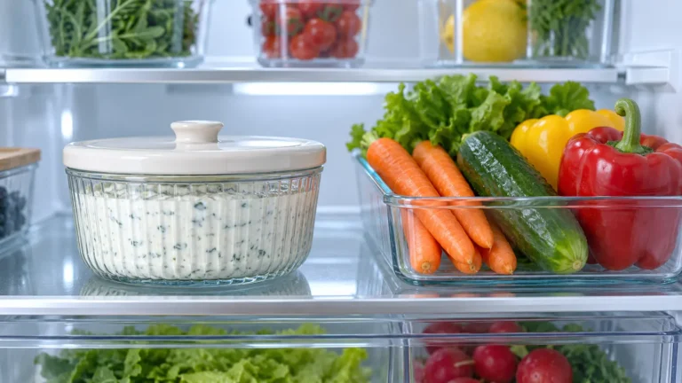 Covered vegetable dip stored in a refrigerator beside fresh vegetables