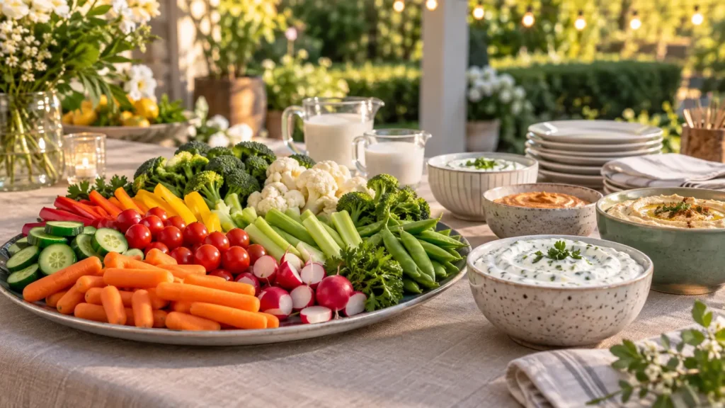 Plateau de crudités pour l’apéritif avec plusieurs sauces
