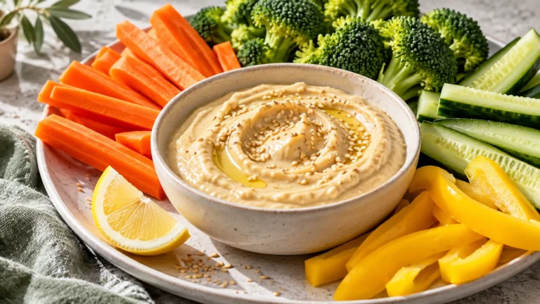 Lemon tahini dip for vegetables served with carrot sticks, broccoli, cucumber and bell peppers